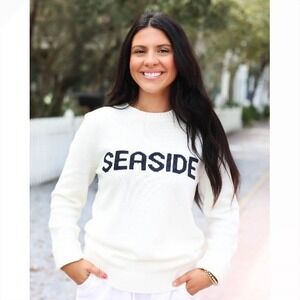 The Seaside Style Ellsworth + Ivey Florida Knit Sweater White Navy Blue Small